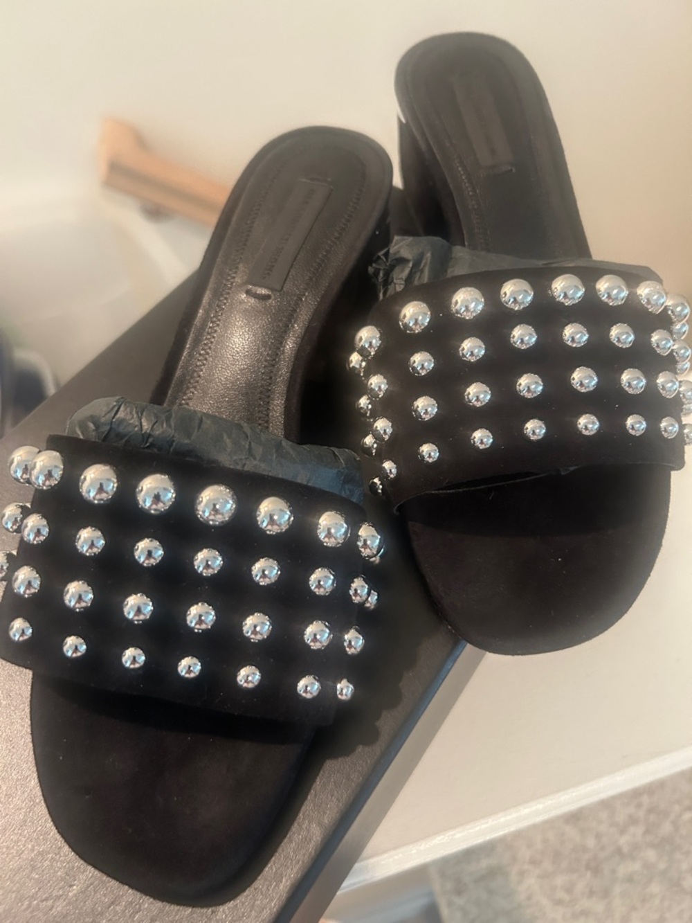 Alexander Wang Black SuedeStudded Slide Sandals - Picture 11 of 12